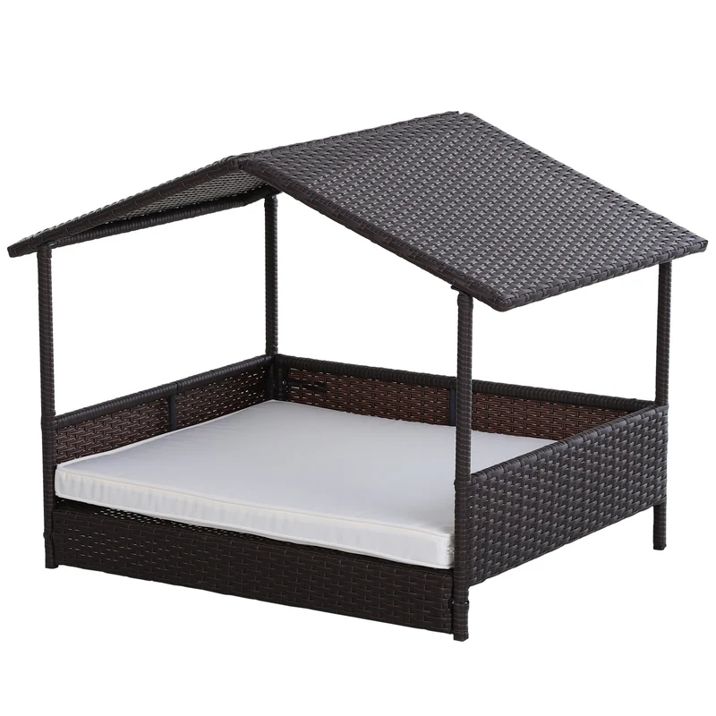 Weerbestendig Hondenbed van Polyrattan – Bruin/Beige – 95×69×70 cm