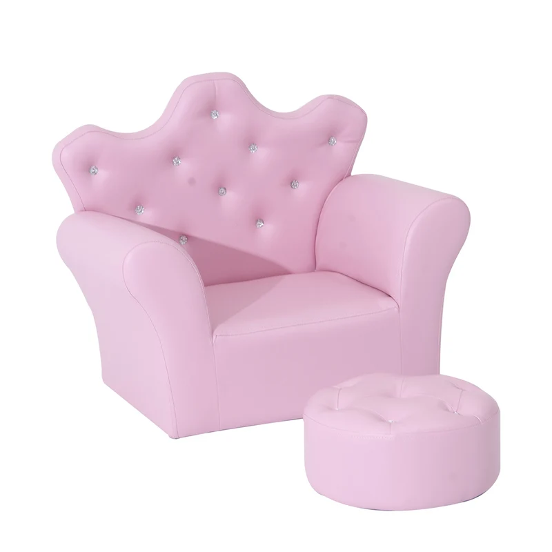 Kindersofa met Poef – Roze Kunstleer – Comfortabele 2-delige Set