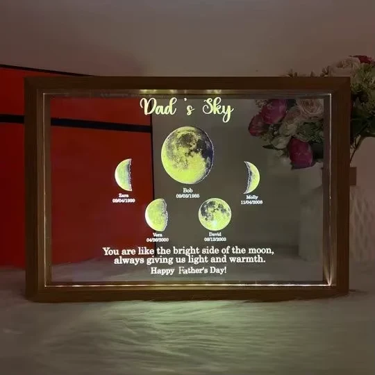 Vaderdag Cadeau Houten Fotolijst – Maanlamp Ornament voor Huisdecoratie