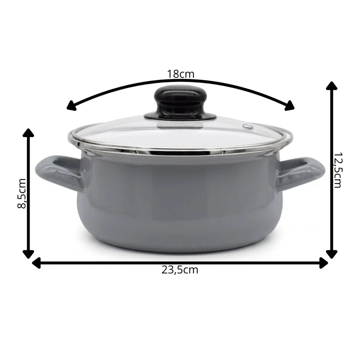 Emaille Kookpan 1,8 Liter – Emaille Pan 18 cm – Glazen Deksel – Grijs