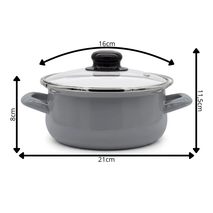 Emaille Kookpan 1,2 Liter – Emaille Pan 16 cm – Glazen Deksel – Grijs