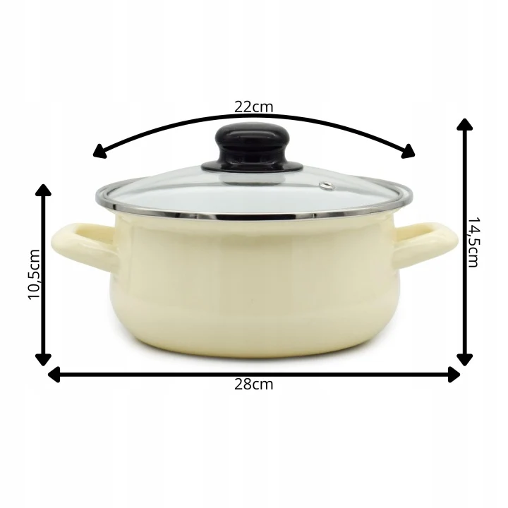 Emaille Kookpan met Glazen Deksel 3,5 Liter – 22 cm – Geëmailleerde Pan – Crème
