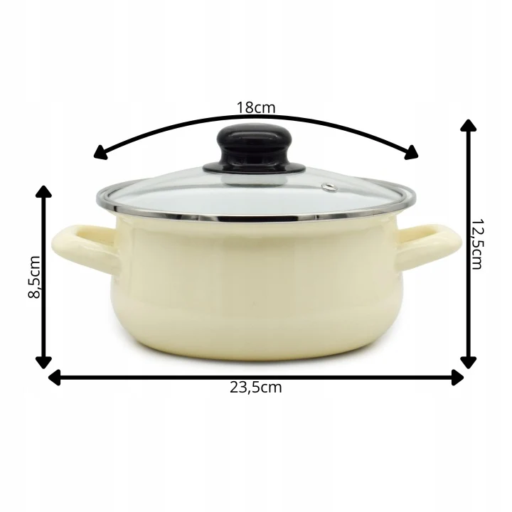 Emaille Kookpan met Glazen Deksel 1,8 Liter – 18 cm – Geëmailleerde Pan – Crème