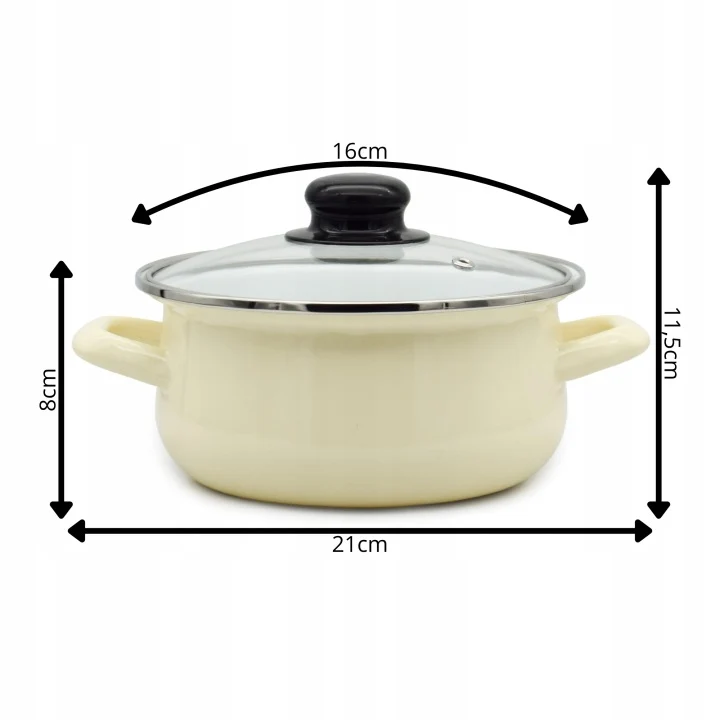 Emaille Kookpan met Glazen Deksel 1,2 Liter – 16 cm – Geëmailleerd Staal – Crème