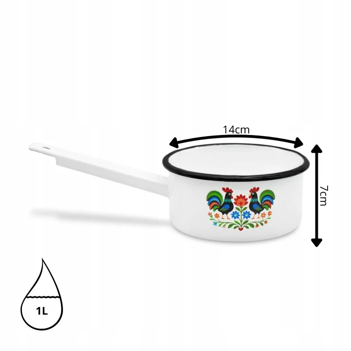 Emaille Steelpan 1 Liter – Geëmailleerde Sauspan 14 cm met Handvat – Folk Design – Wit