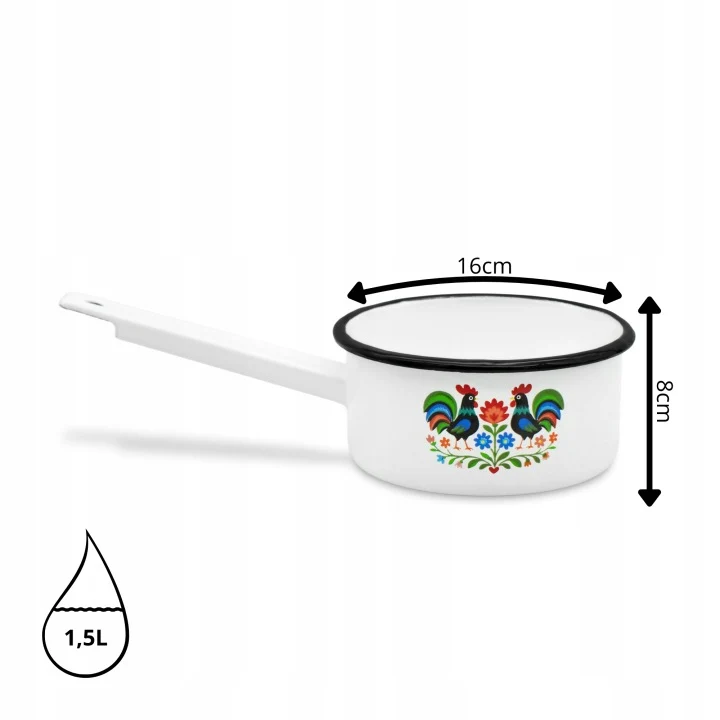 Emaille Steelpan 1,5 Liter – Geëmailleerde Sauspan 16 cm met Handvat – Folk Design – Wit