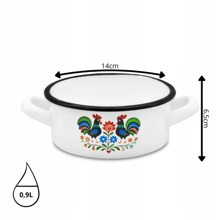 Emaille Braadpan 0,9 Liter – Kleine Lage Kookpan 14 cm – Geëmailleerde Pan Folk Design – Wit