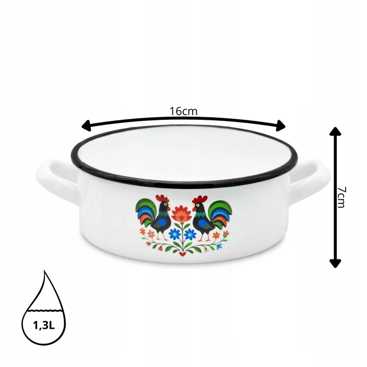 Emaille Braadpan 1,3 Liter – Lage Kookpan 16 cm – Geëmailleerde Pan Folk Design – Wit