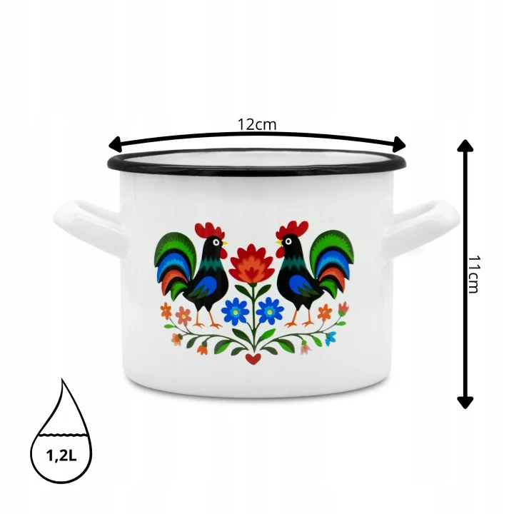 Emaille Kookpan 1,2 Liter – Geëmailleerde Pan 12 cm – Kleine Kookpot met Folk Design – Wit
