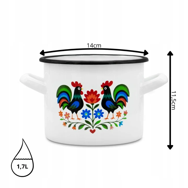 Emaille Kookpan 1,7 Liter – Kleine Geëmailleerde Pan 14 cm – Kookpot met Folk Design – Wit