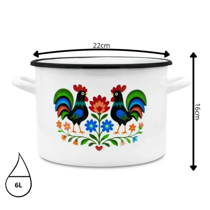 Emaille Kookpan 6 Liter – Geëmailleerde Pan 22 cm – Grote Kookpot met Folk Design – Wit