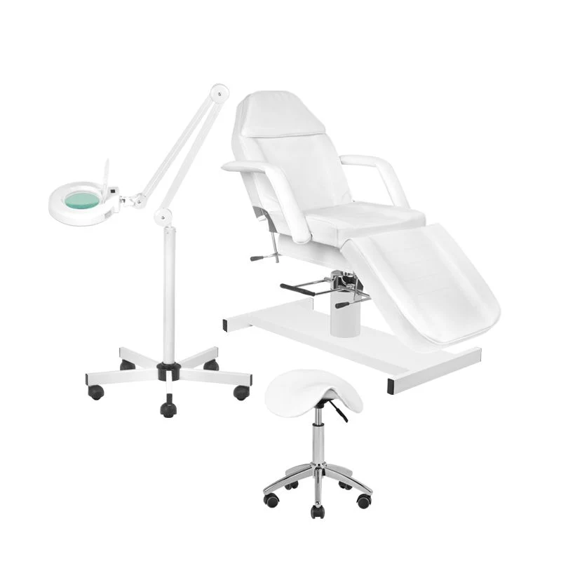 Active Shop Combideal – Hydraulische Behandelstoel + LED Loeplamp op Statief + Cosmetische Kruk – Complete Professionele Salonset – Wit