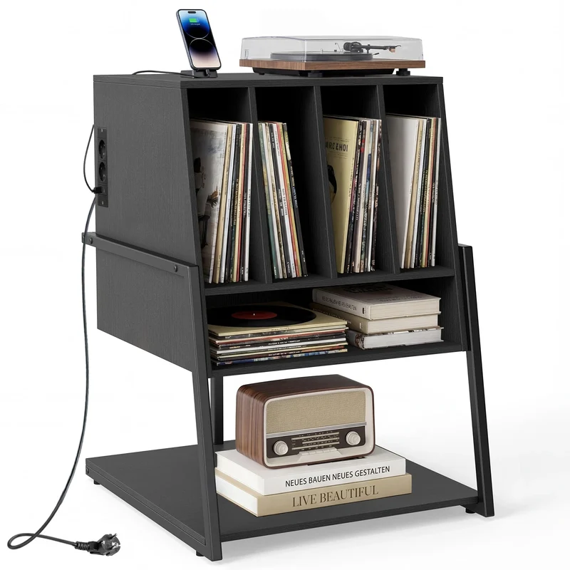 Platenspeler Meubel Zwart met LP Opbergkast – 4 Vinyl Vakken – Stopcontacten, USB & USB-C – Met Wielen