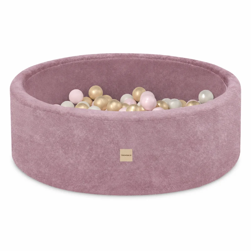 Trendmix Luxe Ronde Ballenbak voor Kinderen en Baby's – Ballenbad 90x30 cm – Roze Premium Chenille – 200 Kleurrijke Ballen 6 cm Parel, Lichtroze & Goud