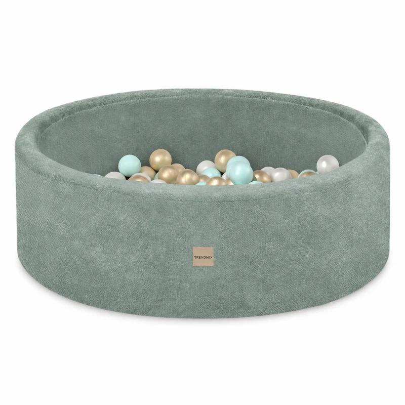 Trendmix Luxe Ronde Ballenbak voor Kinderen en Baby's – Ballenbad 90x30 cm – Groen Premium Chenille – 200 Kleurrijke Ballen 6 cm Parel, Mint & Goud