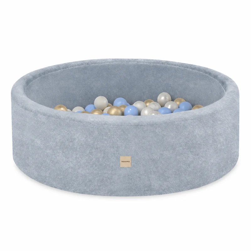 Trendmix Luxe Ronde Ballenbak voor Kinderen en Baby's – Ballenbad 90x30 cm – Blauw Premium Chenille – 200 Kleurrijke Ballen 6 cm Parel, Blauw & Goud