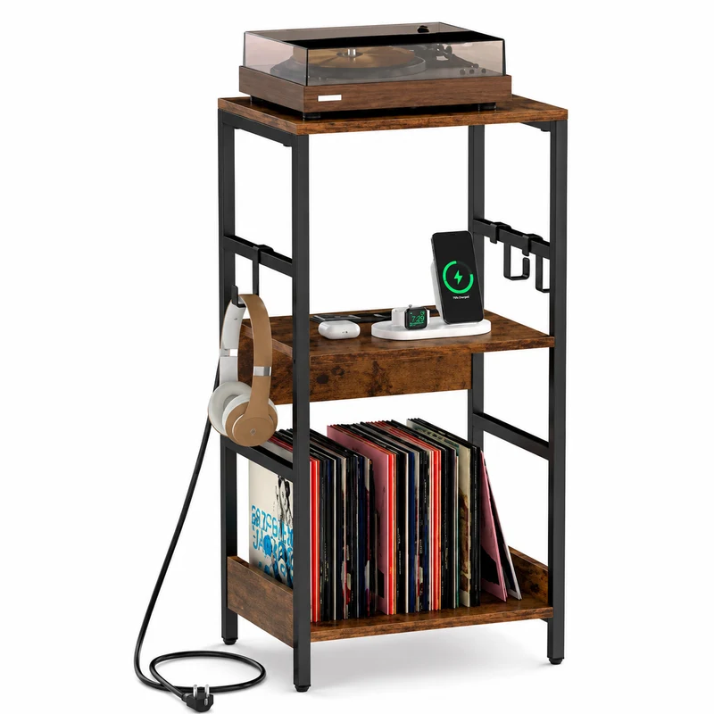 Platenspeler Meubel met 2 Geïntegreerde stopcontacten en USB – Vinyl Opbergkast – LP Kast met 3 Haken – Industrieel Bruin/Zwart