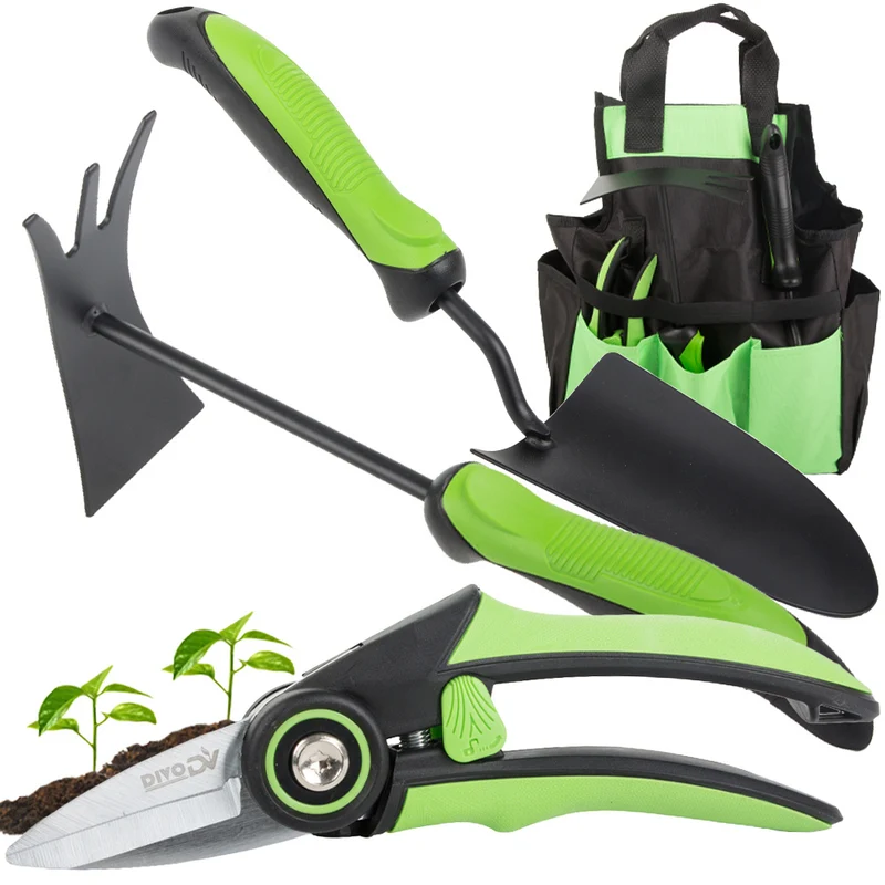 Tuingereedschapset 3-delig met Tas – Snoeischaar, Troffel en Schoffel – Tuingereedschap – Ergonomisch – Zwart/Groen
