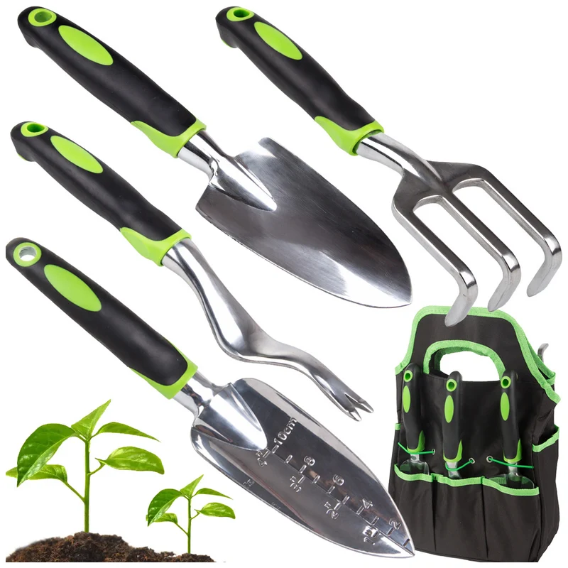 Tuingereedschapset 4-delig met Tas – Tuinset met Grote Troffel, Plantschep, Handvork en Onkruidsteker – Ergonomisch – Zwart/Groen