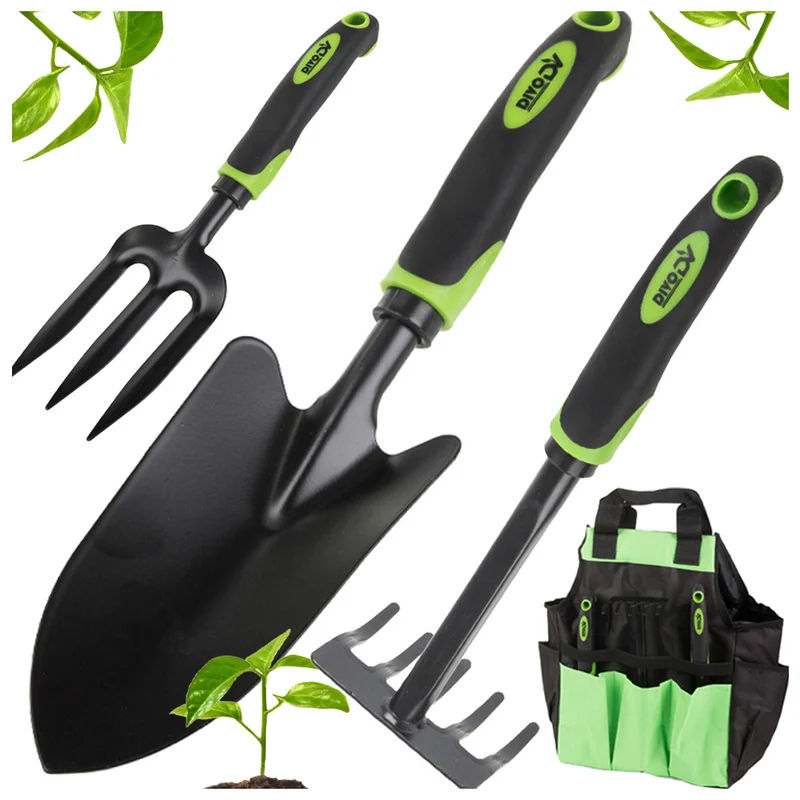 Tuingereedschapset 3-delig met Tas – Tuinset met Troffel, Hark en Handvork – Tuingereedschap – Ergonomisch – Zwart/Groen