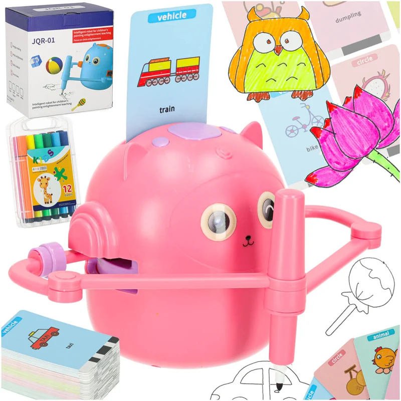 Tekenrobot voor Kinderen – Interactieve Educatieve Robot – Leer Tekenen Stap voor Stap – Inclusief 100 Flashcards – Roze – Vanaf 3 Jaar