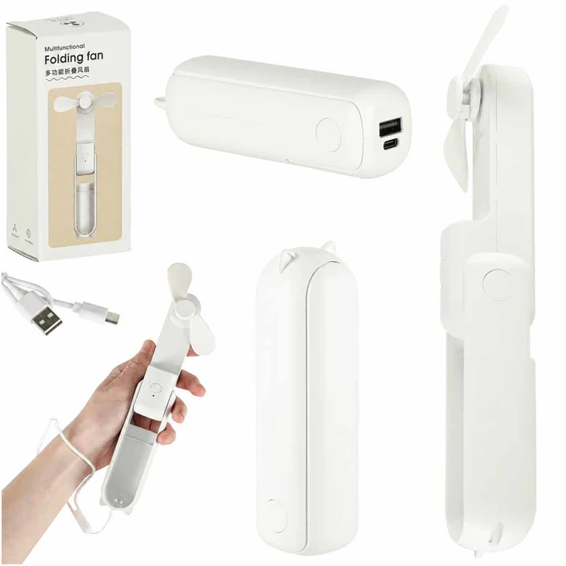 Mini USB Ventilator Opvouwbaar Wit – Draagbare Handventilator – Oplaadbaar via USB-C – Bureauventilator – Powerbankfunctie