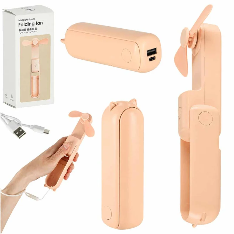Mini USB Ventilator Opvouwbaar Zalmroze – Draagbare Handventilator – Oplaadbaar via USB-C – Bureauventilator – Powerbankfunctie