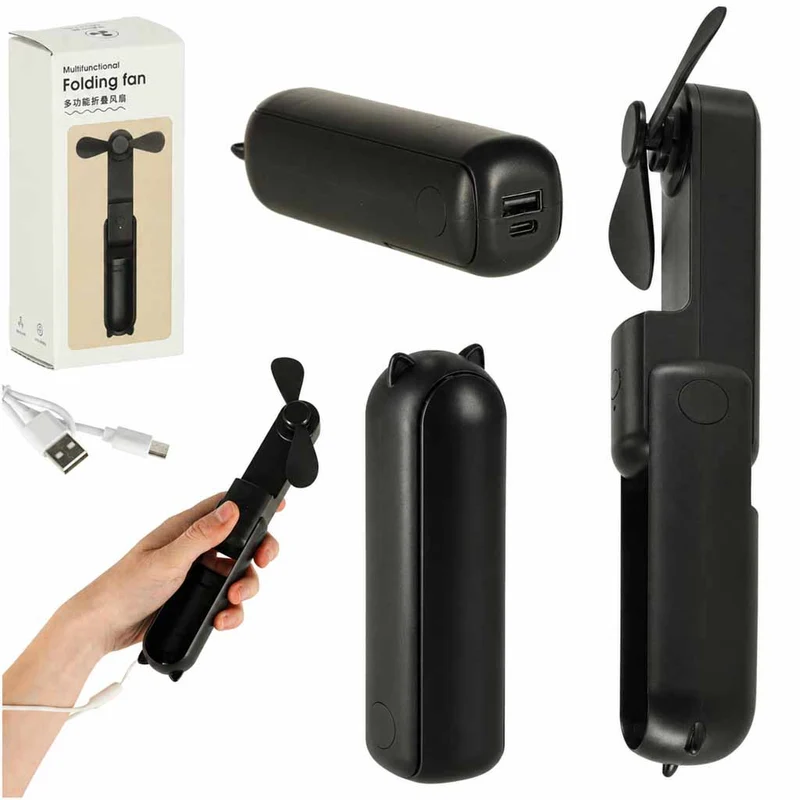 Mini USB Ventilator Opvouwbaar Zwart – Draagbare Handventilator – Oplaadbaar via USB-C – Bureauventilator – Powerbankfunctie
