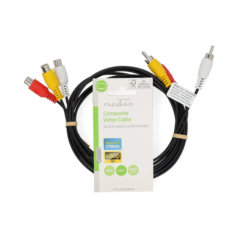Composiet Videokabel 3x RCA Male - 3x RCA Female - Vernikkeld