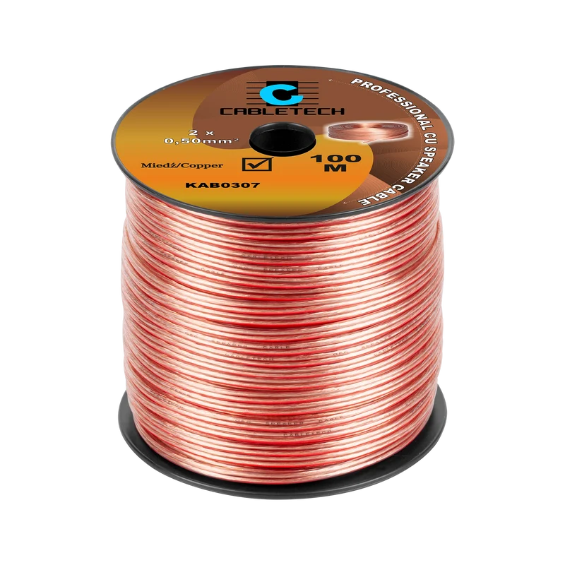 Speaker Kabel 100 Meter Haspel 2x0.5 mm² CU Koper – Luidsprekerkabel Transparant – Audio Kabel Rol – Cabletech