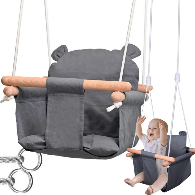 Trendmix Babyschommel Hout – Kinder Schommel Verstelbaar – Baby Schommel Binnen Buiten – Met Rugleuning – Grijs