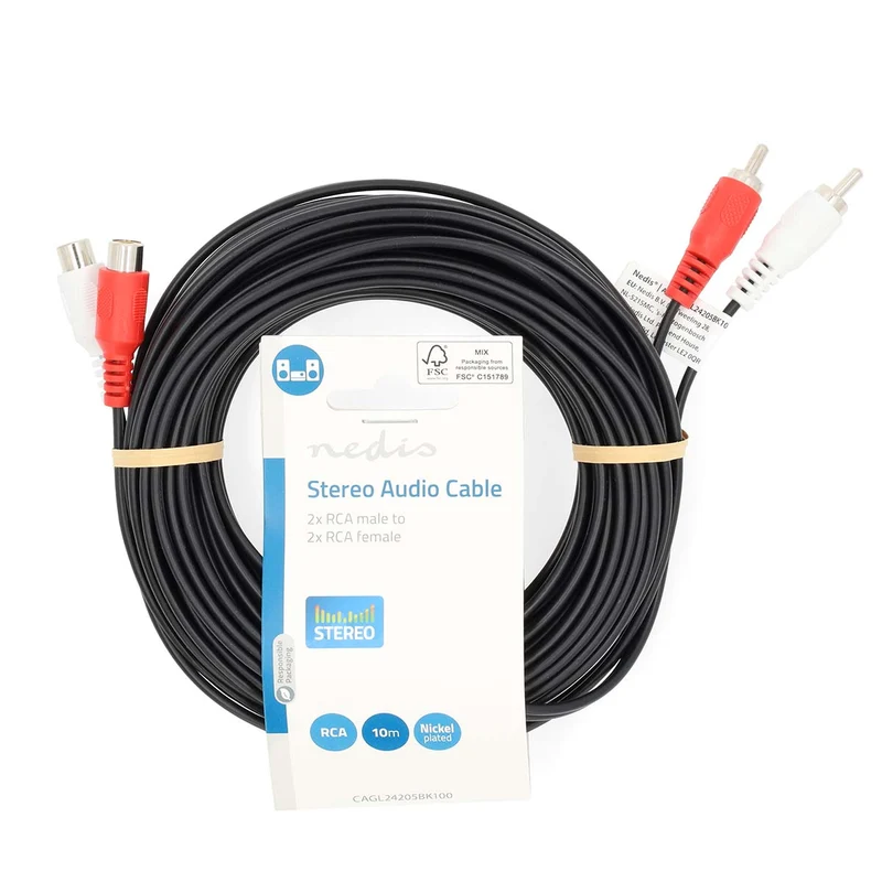 Stereo-Audiokabel 2x RCA Male - 2x RCA Female - Vernikkeld