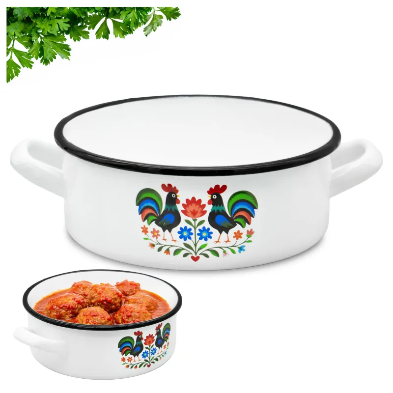 Emaille Kookpan 12 cm 0,6 Liter – Wit met Folk Haanmotief – Geëmailleerde Pan met Twee Handgrepen