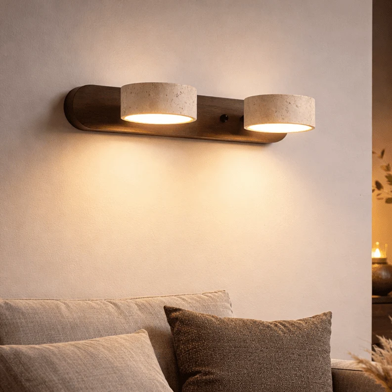 LED Wandlamp Travertijn Natuursteen met Houtaccent Warm Licht Architectonisch Sfeerverlichting Modern | Sansoti