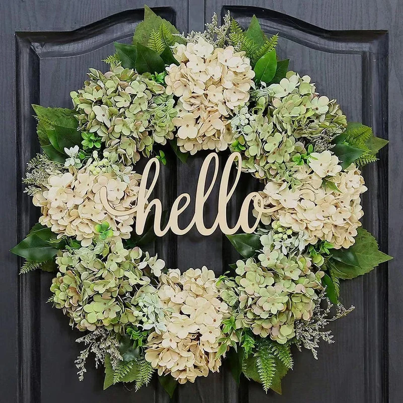 Groene Hortensia Krans met 'Hallo' Bord