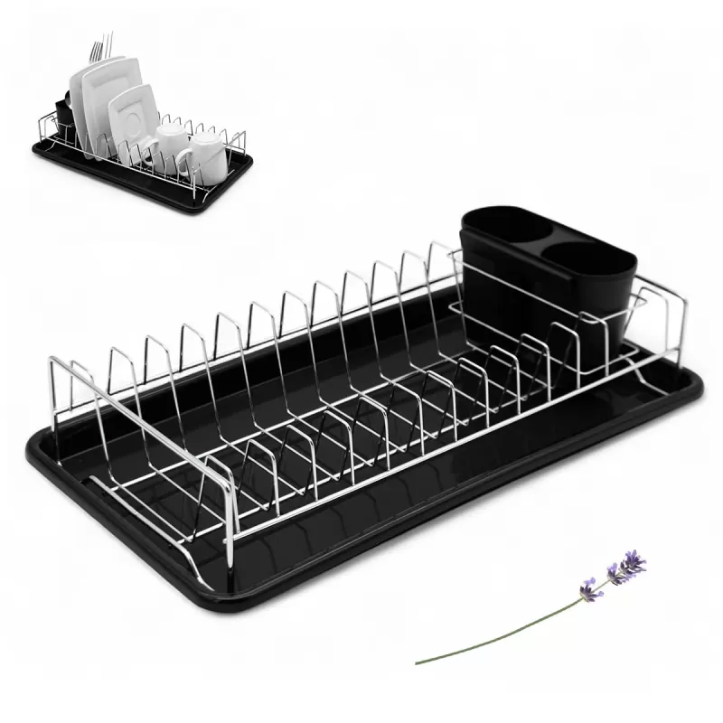 Afdruiprek Zwart met Lekbak en Bestekhouder – Compact RVS Afwasrek voor Borden, Glazen en Servies – MH-8075C