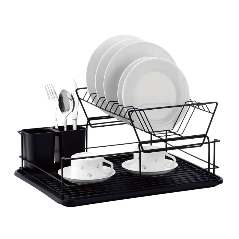 Afdruiprek 2 Laags met Lekbak en Bestekhouder – RVS Afwasrek Zwart voor Borden, Glazen, Mokken en Servies – MH-311010-2