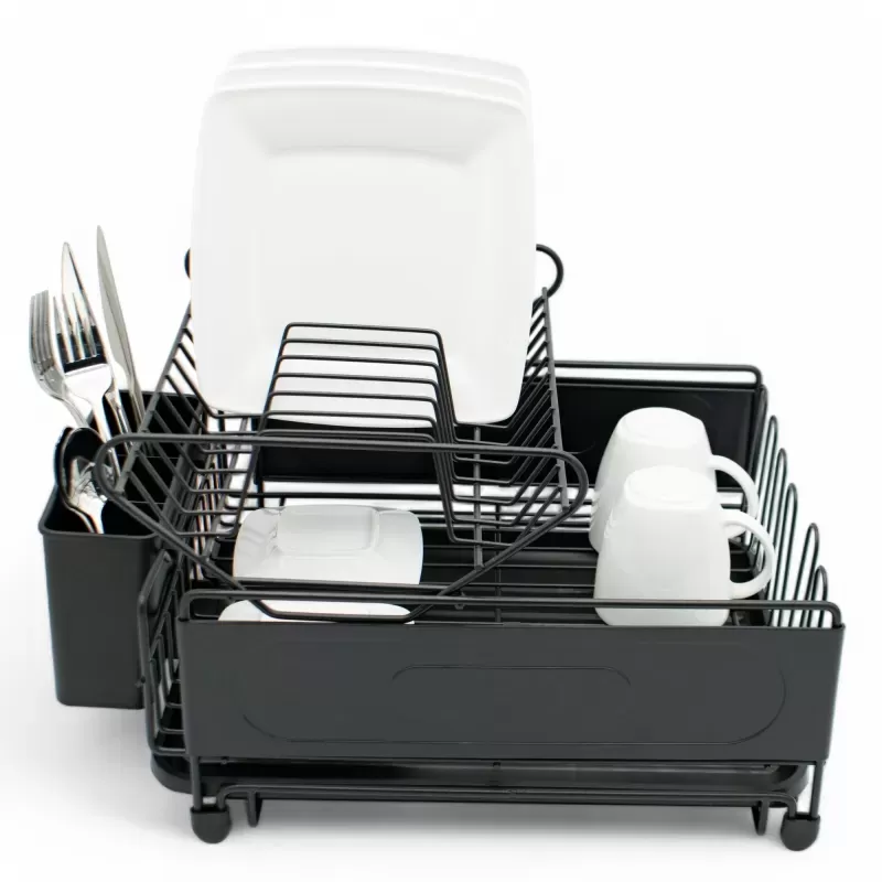Afdruiprek 2 Laags met Lekbak en Bestekhouder – RVS Afwasrek Zwart voor Borden, Glazen, Mokken en Servies – MH-311058P