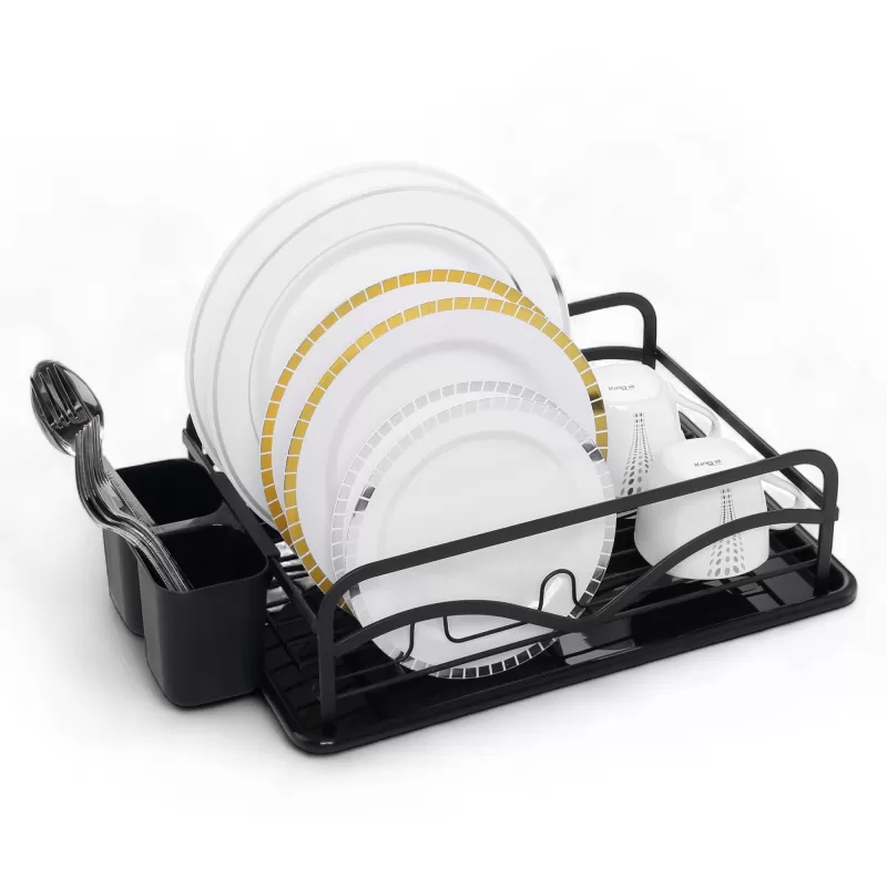 Afdruiprek Zwart met Lekbak en Bestekhouder – Afwasrek RVS voor Borden, Glazen, Mokken en Servies – 42 cm – MH-312019P