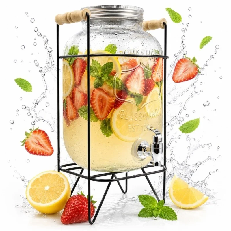 Drankdispenser 3,3 Liter met Kraantje en Zwarte Standaard – Glazen Sapdispenser – Limonadedispenser voor Water, IJsthee & Cocktails