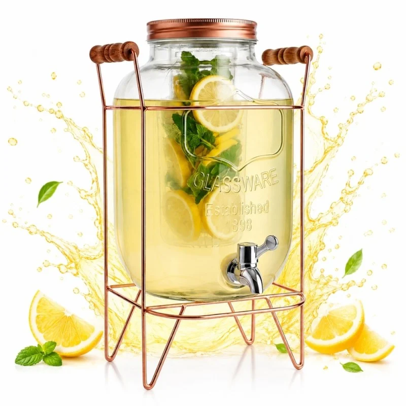 Drankdispenser 5 Liter met Kraantje en Gouden Standaard – Glazen Sapdispenser – Limonadedispenser voor Water, IJsthee & Cocktails