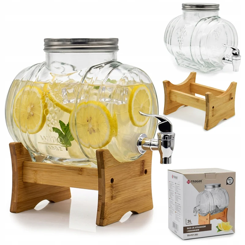 Barrel Drankdispenser 3 Liter met Kraantje en Bamboe Standaard – Glazen Vatvormige Sapdispenser voor Limonade, Water, Sap en IJsthee