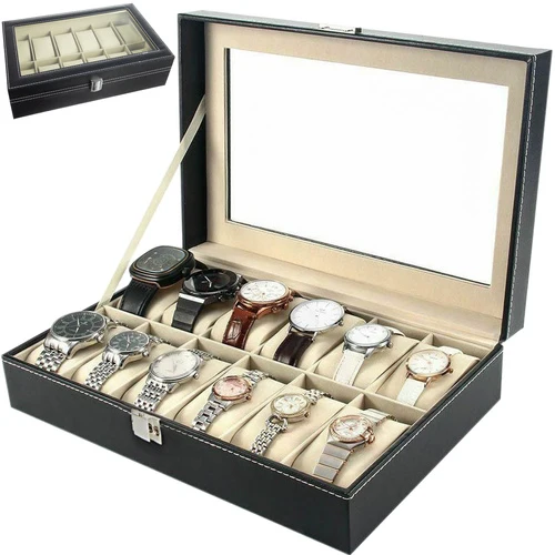Horloge Organizer 12 Vakken – Horlogedoos Met Glasdeksel – Opbergdoos Voor Horloges, Armbanden en Sieraden – Zwart