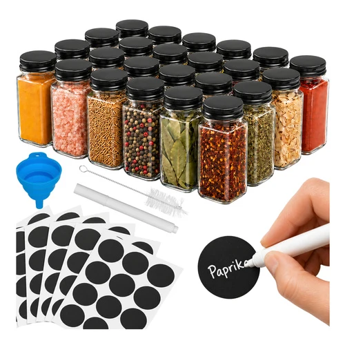 Kruidenpotjes Set 24 Stuks – Glazen Kruidenpotjes 120 ml – Inclusief Etiketten, Trechter en Doseerdoppen