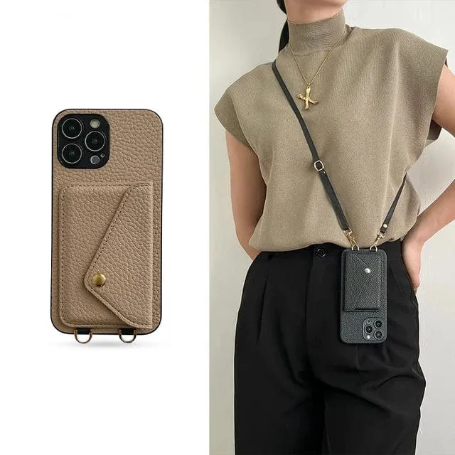 Crossbody Telefoonhouder Leer met Kaarthouder Schouderband Polsband Magnetisch Slot Handsfree Mobiel | Sansoti