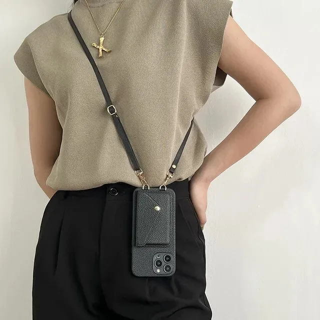 Crossbody Telefoonhouder Leer met Kaarthouder Schouderband Polsband Magnetisch Slot Handsfree Mobiel | Sansoti