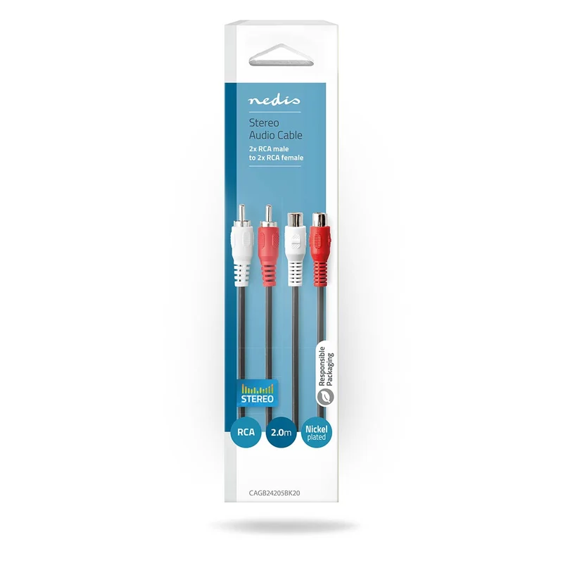 Stereo-Audiokabel 2x RCA Male - 2x RCA Female - Vernikkeld