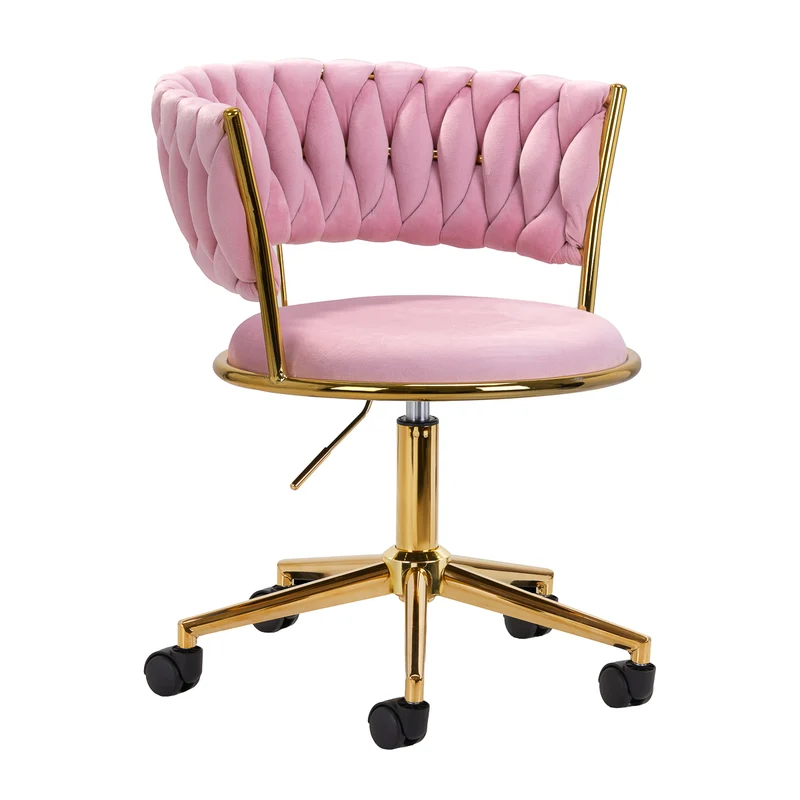 4Rico QS-GW01G Salonstoel & Bureaustoel Roze Fluweel – In Hoogte Verstelbaar – Met Wielen – Goudkleurig Onderstel