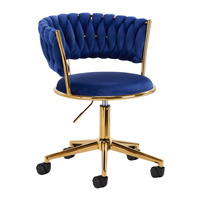4Rico QS-GW01G Salonstoel & Bureaustoel Marineblauw Fluweel – In Hoogte Verstelbaar – Met Wielen – Goudkleurig Onderstel