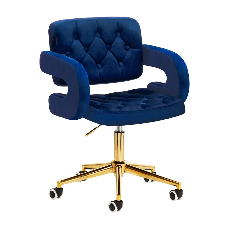 4Rico Fluwelen Bureaustoel Marineblauw met Goud Onderstel QS-OF213G – Verstelbare Salonstoel & Bureaustoel voor Salon, Kantoor en Receptie